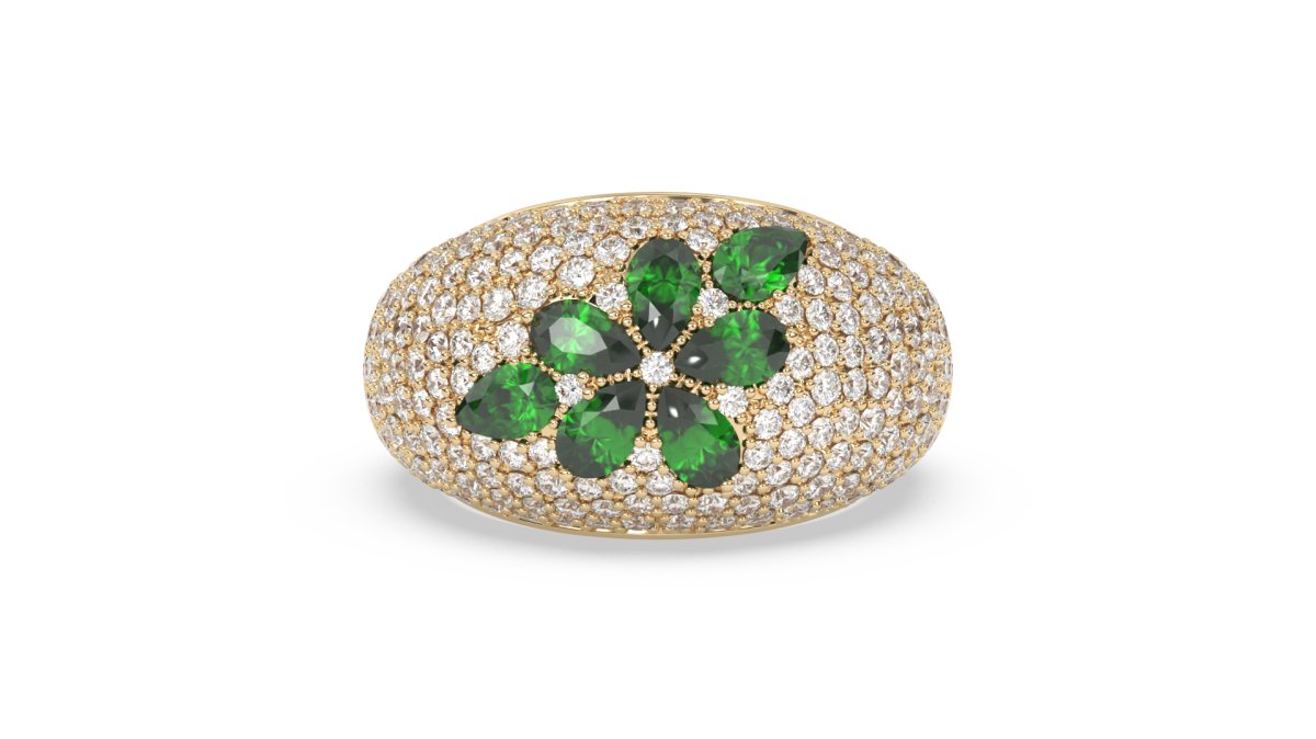 Rings Floral Bubble Diamond Ring With Green Emeralds in Yellow Gold - HOUSE PRESTON