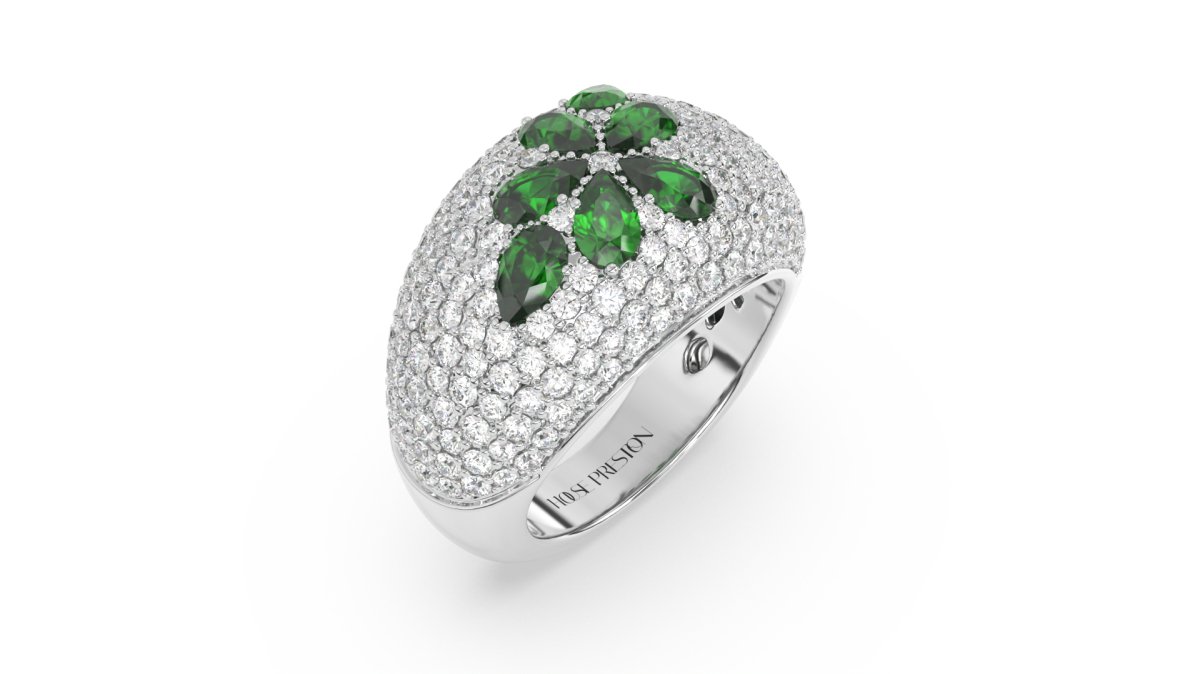 Rings Floral Bubble Diamond Ring With Green Emeralds - HOUSE PRESTON